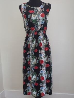 Balinese Handmade Smocked Floral Maxi Dress with Red & Blue Blooms MEDIUM